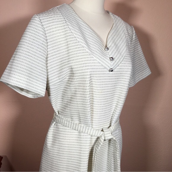 Vintage Retro Better Half Metallic Silver White Houndstooth Belt Shirt Dress